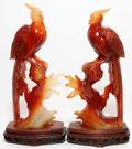 CHINESE CARVED CARNELIAN PERCHED BIRDS PAIR
