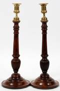REGENCY MAHOGANY  BRASS CANDLESTICKS 19TH C PAIR