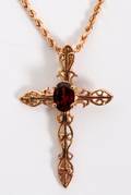 14KT ROSE GOLD NECKLACE W GARNET CROSS PENDANT