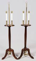 MAHOGANY PEDESTAL  BRASS 2LIGHT FLOOR LAMPS PAIR
