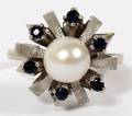 14KT WHITE GOLD PEARL  SAPPHIRE RING SIZE 7