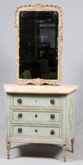 FRENCH MARBLE TOP DRESSER  CARVED WALL MIRROR