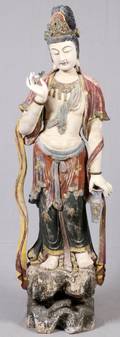 ORIENTAL CARVED WOOD  POLYCHROME FIGURE OF GUANYIN