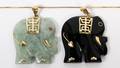 14KT GOLD JADE  ONYX ELEPHANT PENDANTS W NECKLACE