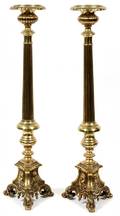BRASS CANDLESTICKS RELIGIOUS THEME PAIR