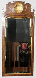 QUEEN ANNE STYLE WALNUT  GILT DECORATED MIRROR