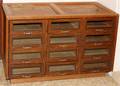 OAK CABINET W GLASSFRONT DRAWERS