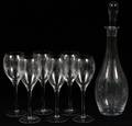 ETCHED GLASS DECANTER AND GLASSES SEVEN PIECES