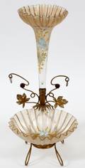 VICTORIAN ENAMELED GLASS  BRASS EPERGNE 19TH C