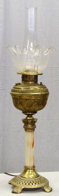 ANTIQUE BRASS  ONYX OIL LAMP