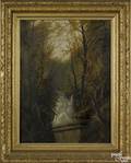 American Schoollate 19th c oil on canvas landscape with waterfall 27 x 20