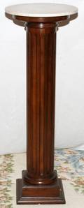 CARVED OAK COLUMNAR PEDESTAL W MARBLE TOP