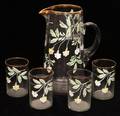 ENAMELED GLASS PITCHER  TUMBLERS C 1900 5 PCS