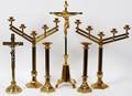BRASS ALTAR CANDLESTICKS  CRUCIFIXES SIX PIECES