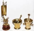BRASS CANDLESTICK MORTAR  PESTLES FIVE PIECES