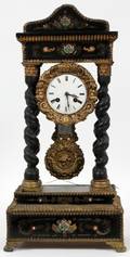 FRENCH BLACK LACQUER  GILT METAL MANTEL CLOCK