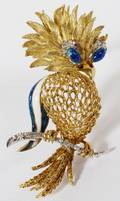 18 KT GOLD ENAMEL AND DIAMOND BIRD ON PERCH PIN