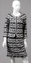 CHANEL BLACK  WHITE WOOL BLEND SKIRT SUIT SIZE 42