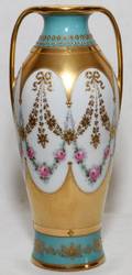 PORCELAIN VASE W FIRED GOLD HANDLES