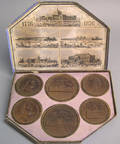 Boxed set of 6 wooden carved commemorative medals from the Philadelphia International Exhibition 1876