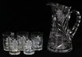 INTAGLIO CUT GLASS PITCHER  TUMBLERS SIX PIECES