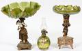 GLASS  PATINATED METAL FIGURAL COMPOTES  OIL LAMP