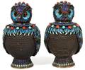 CHINESE SILVER MESH  ENAMEL OWLFORM JARS PAIR