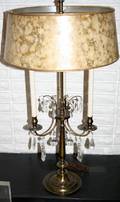010182 BRASS  CRYSTAL THREE LIGHT TABLE LAMPS PAIR