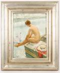 Oil on Board of Nude Woman Bathing w Swans