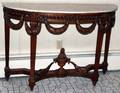 WALNUT WHITE MARBLE TOP DEMILUNE CONSOLE TABLE