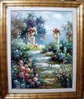 082252 POSLA OIL ON CANVAS LUSH GARDEN BY A RIVER