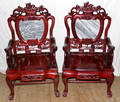 082204 CHINESE CARVED ROSEWOOD  MARBLE ARMCHAIRS