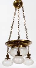 BRASS CHANDELIER W IRIDESCENT SHADES  GLOBE