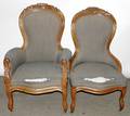 091456 VICTORIAN CARVED WALNUT MANS  LADYS CHAIRS