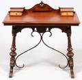 TIGER OAK AND WROUGHT IRON WRITING DESK