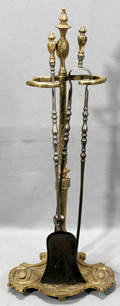 082370 BRASS FIRE TOOL SET STAND POKER  SHOVEL