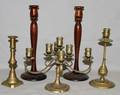 010496 CHINESE BRASS CANDLESTICKS  WOOD CANDLESTICKS