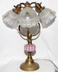BRASS  CRANBERRY OPALESCENT GLASS LAMP C1900