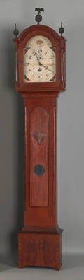 Connecticut painted tiger maple tall case clock early 19th c