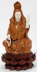 021037 JAPANESE CARVED WOOD  IVORY FIGURE OF KANNON
