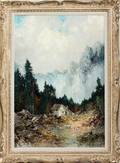 WILLI BAUER OIL ON CANVAS CABIN IN MOUNTAIN