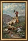 DUTCH STYLE OIL ON MASONITE GIRL AND SHEEP