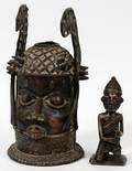AFRICAN BENIN BRONZE HELMET AND FIGURE 2 PCS