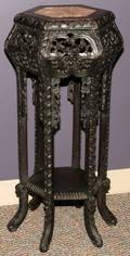 CHINESE CARVED WOOD  MARBLE PLANT STAND
