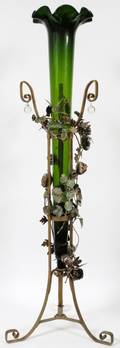GREEN GLASS VASE  POLYCHROME FLORAL STAND