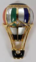 14KT GOLD CORAL MALACHITE AIR BALLOON BROOCH