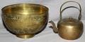 CHINESE ANTIQUE BRASS TEA POT AND HAMMERED BOWL