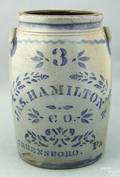 Three gallon Greensboro PA stoneware crock 19th c