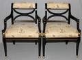 BLACK LACQUER  UPHOLSTERED ARMCHAIRS PAIR