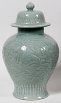 CHINESE INCISED CELADON COVERED URN H 15
